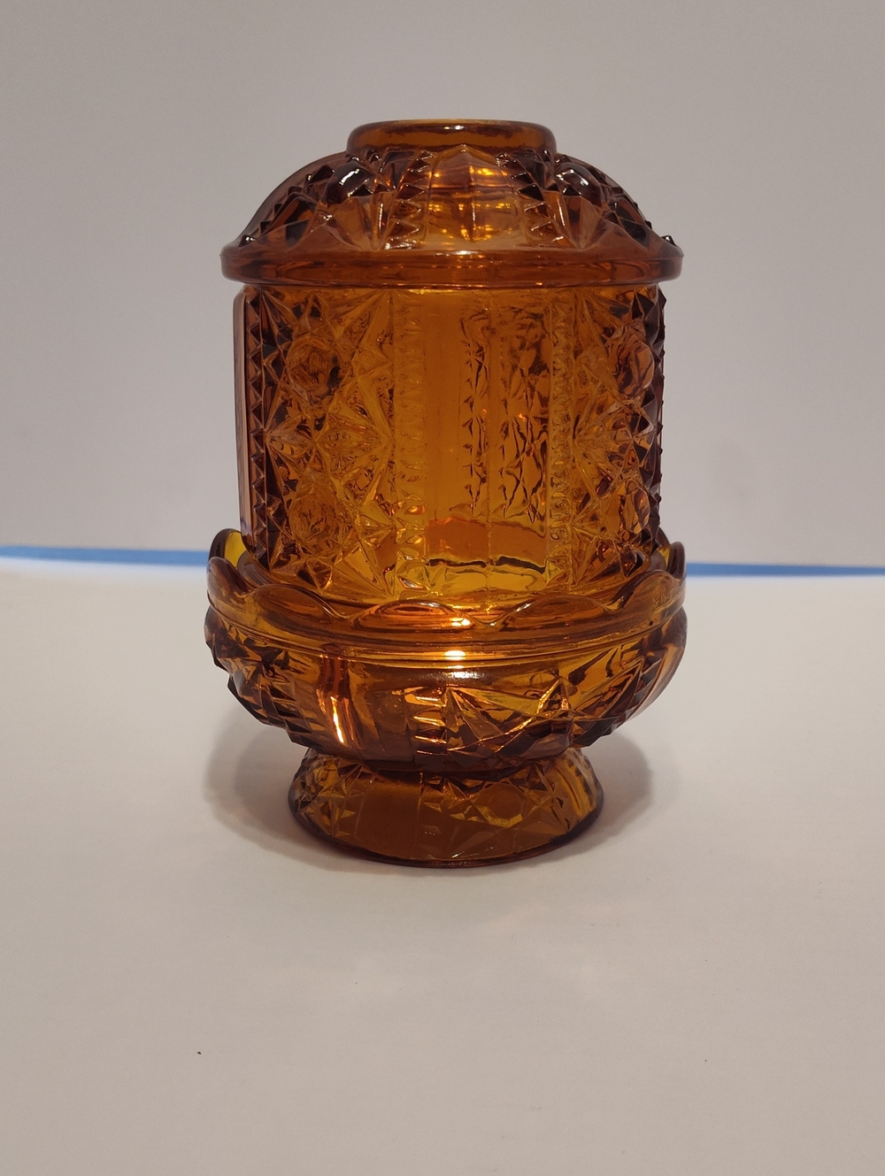 Vintage Indiana Glass Amber Stars & Bars Fairy Lamp MCM 2-Piece
